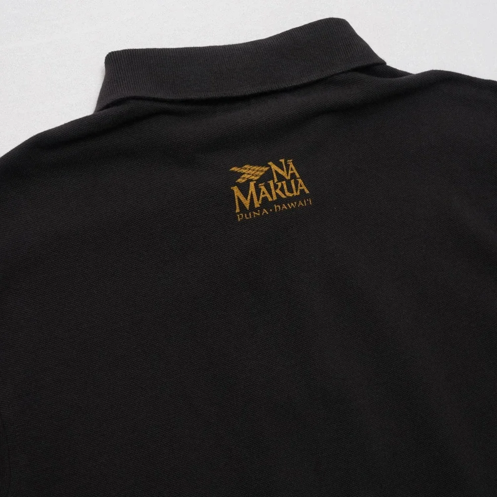 Na Makua Hawaii Polo Mens Medium Black Gold Fern Tropical Aloha Shirt